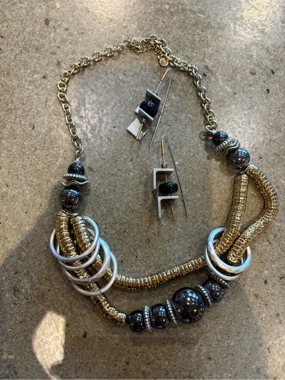 Mixed Metal Gold and Hematite Statement Necklace with Matching Earrings